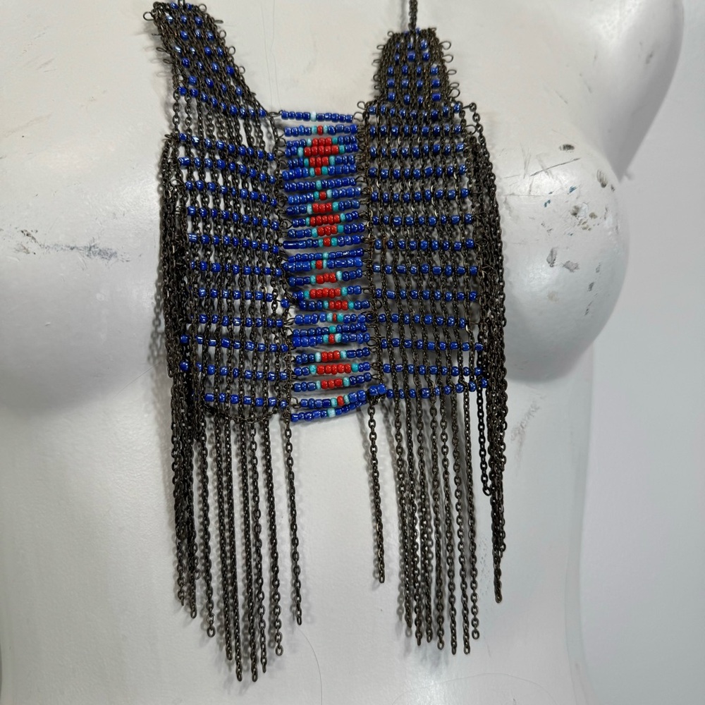 Vintage hand beaded handmade necklace tribal boho festival long red blue aztec